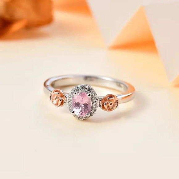 Premium Narsipatnam Pink Spinel, White Zircon Rose Flower Ring in 18K Vermeil RG - Picture 2 of 6